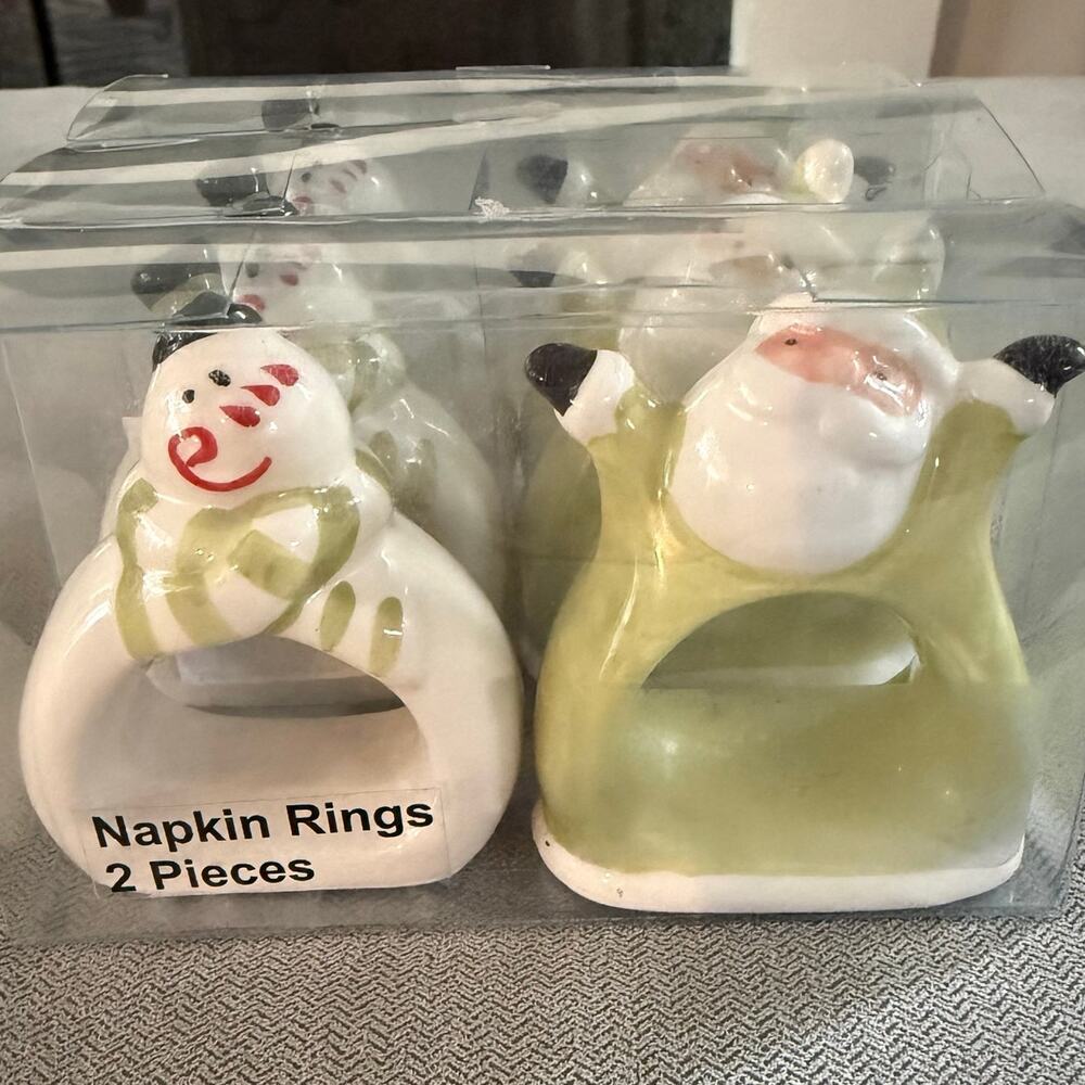 Set of 6 Ceramic Santa Snowman Christmas Napkin Rings Pacific Island Creations